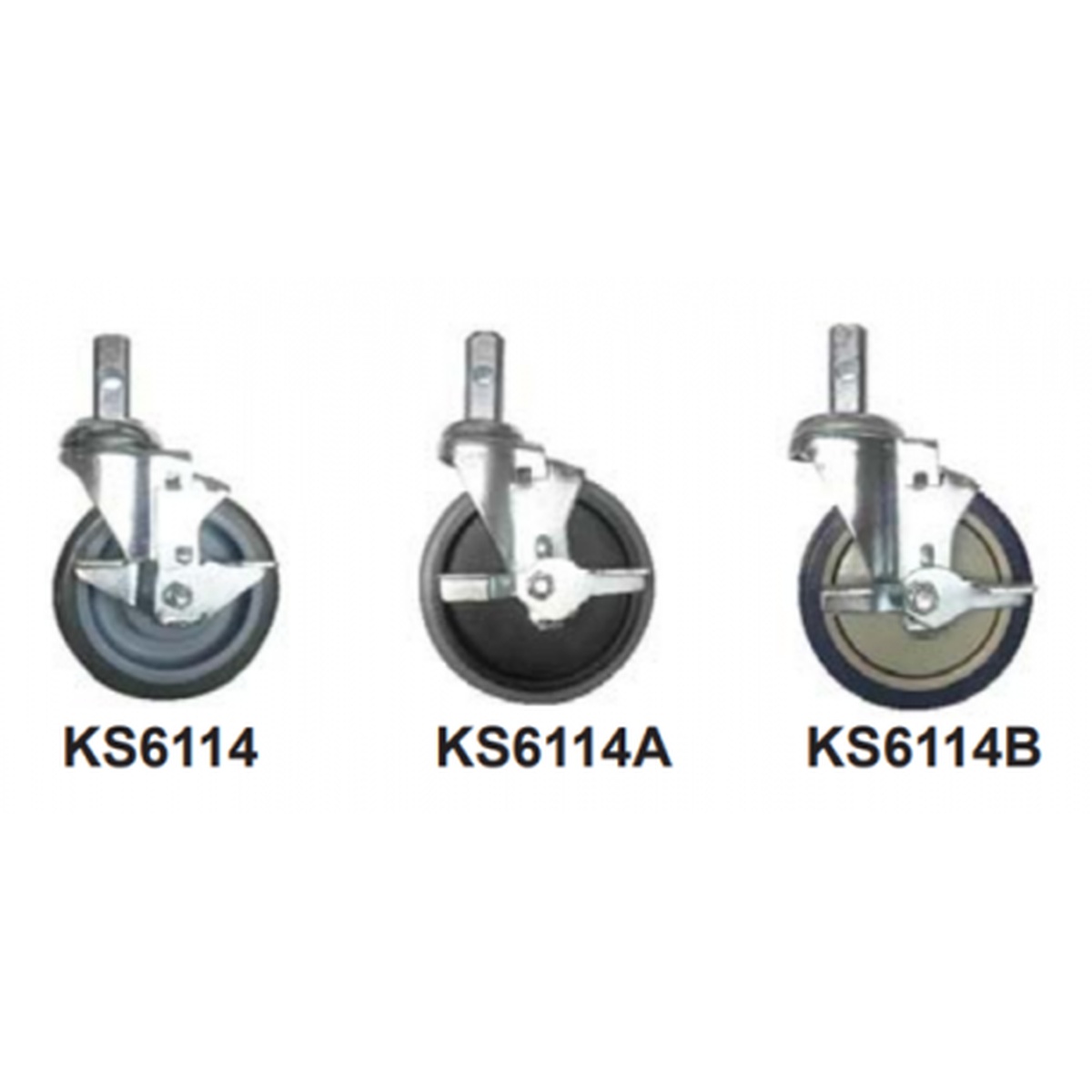 GSW USA KS6114 stem caster with side brake shown alongside KS6114A and KS6114B variants on white background