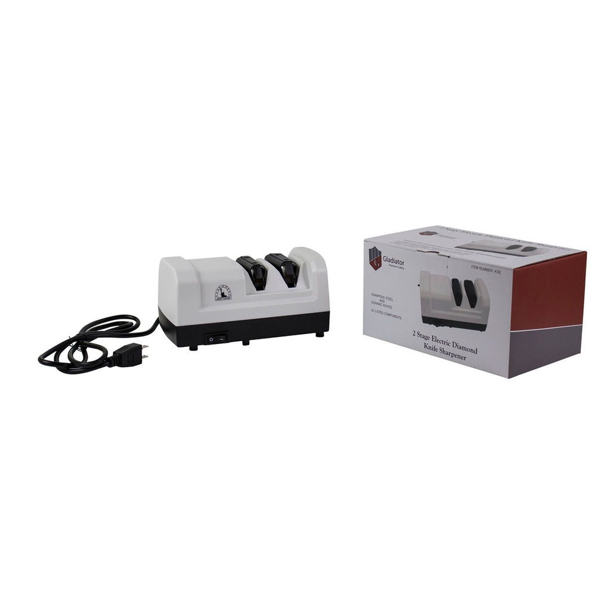 Libertyware Electric Diamond Knife Sharpener next to its retail style packaging box