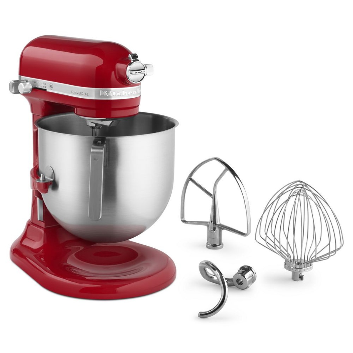 KitchenAid KSM8990ER mixer with included flat beater, spiral dough hook, and 11-wire whip