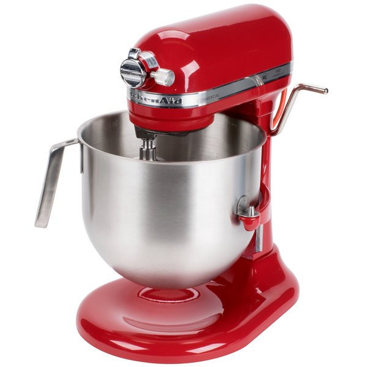 Side view of KitchenAid KSM8990ER bowl-lift mixer with stainless steel 8 quart bowl