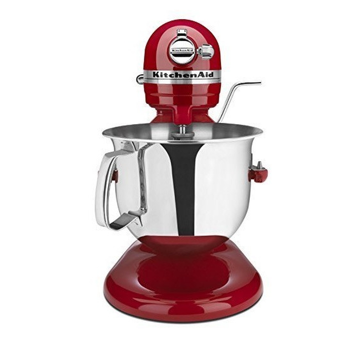Front view of KitchenAid Commercial mixer with stainless bowl and bowl-lift mechanism