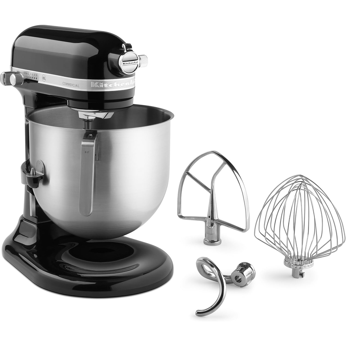 KitchenAid Commercial KSM8990OB stand mixer with stainless steel bowl and included attachments