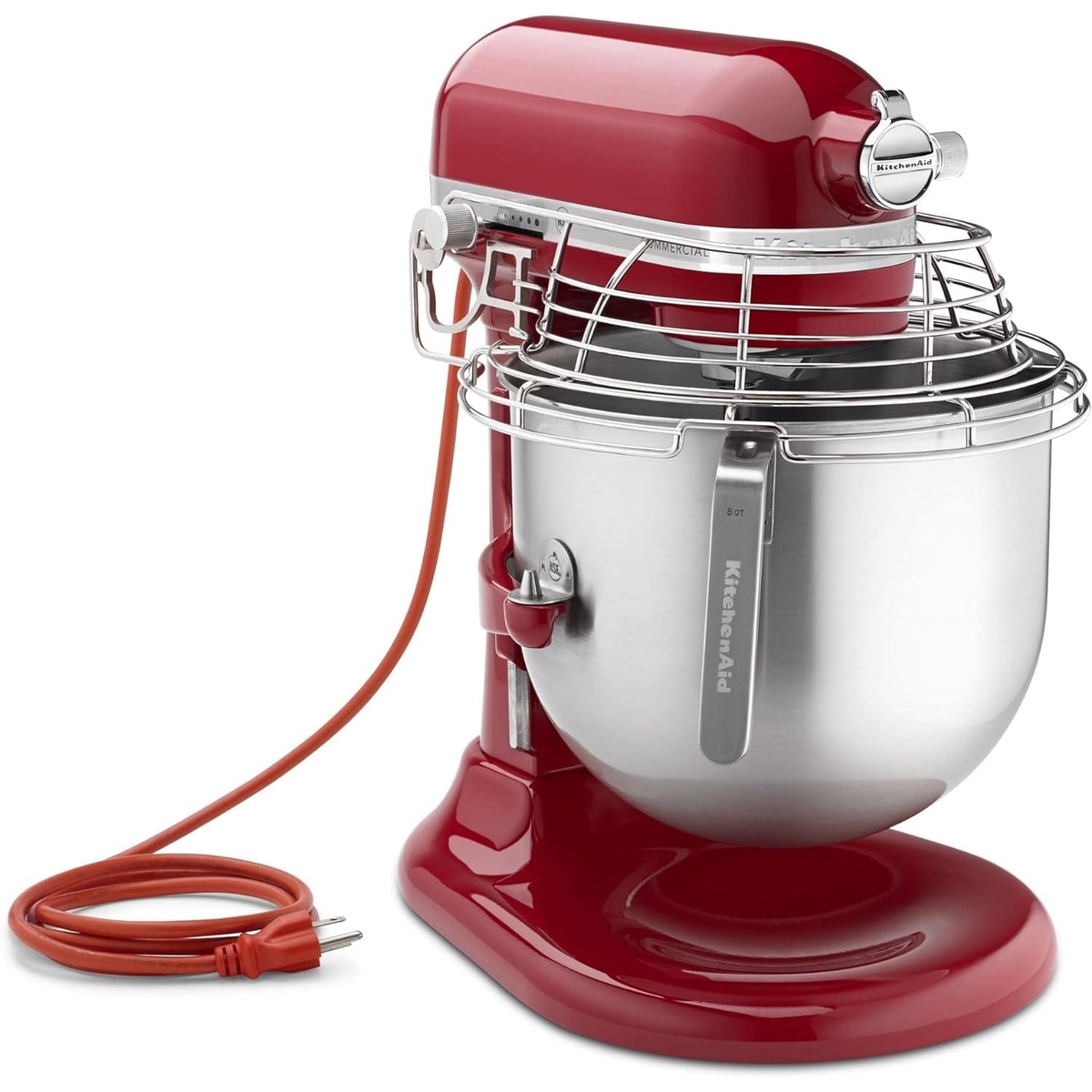 KitchenAid Commercial KSMC895ER mixer showing power cord, stainless steel bowl, and full bowl guard