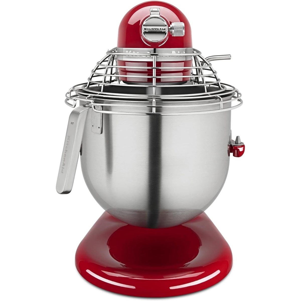 Front view of KitchenAid Commercial KSMC895ER Empire Red stand mixer with stainless steel bowl guard