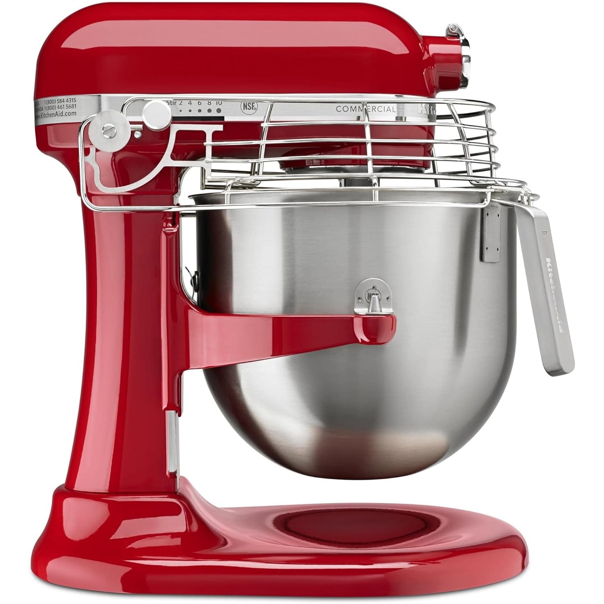 Side view of KitchenAid Commercial KSMC895ER bowl-lift stand mixer with stainless steel bowl guard