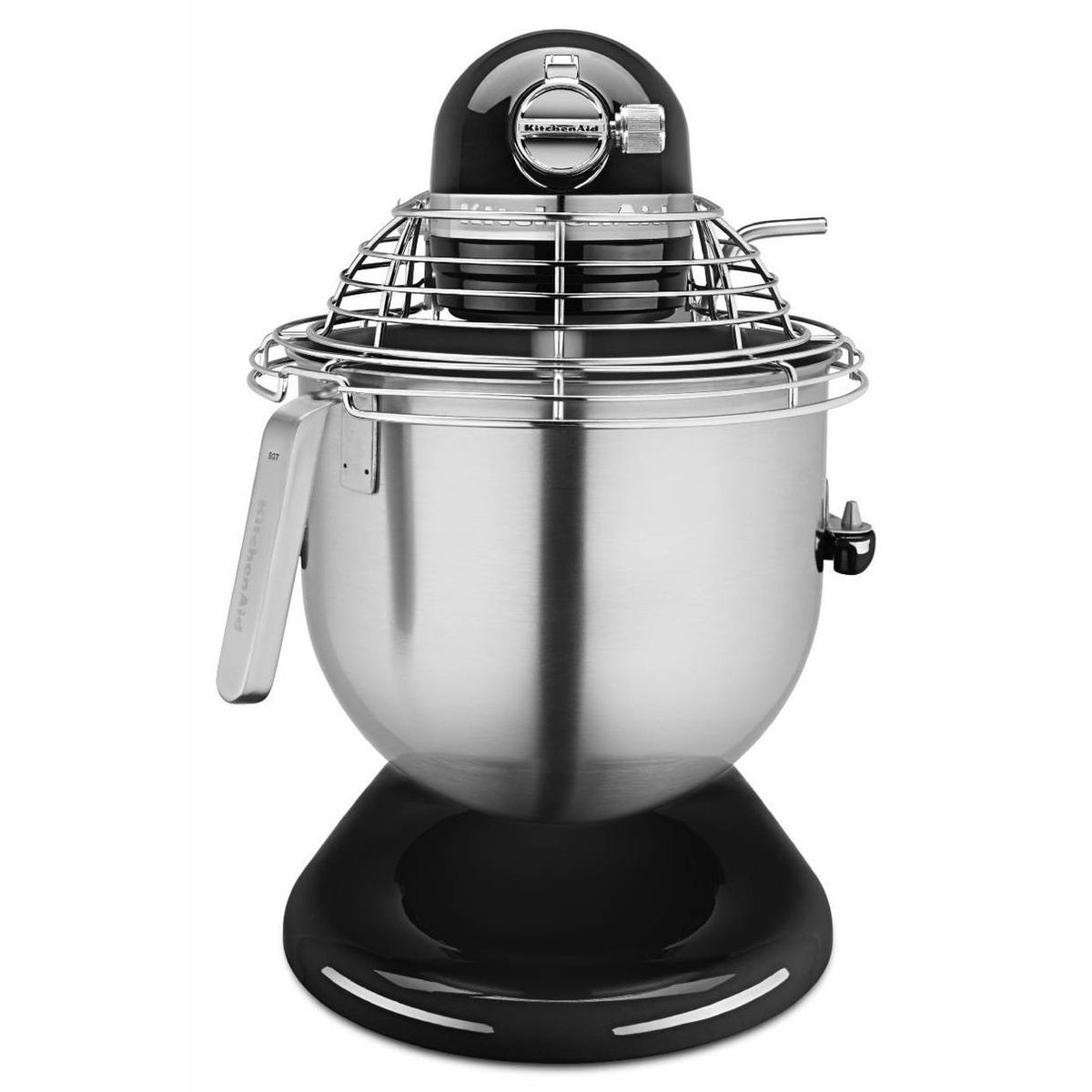 Front view of KitchenAid Commercial stand mixer showing stainless steel bowl guard
