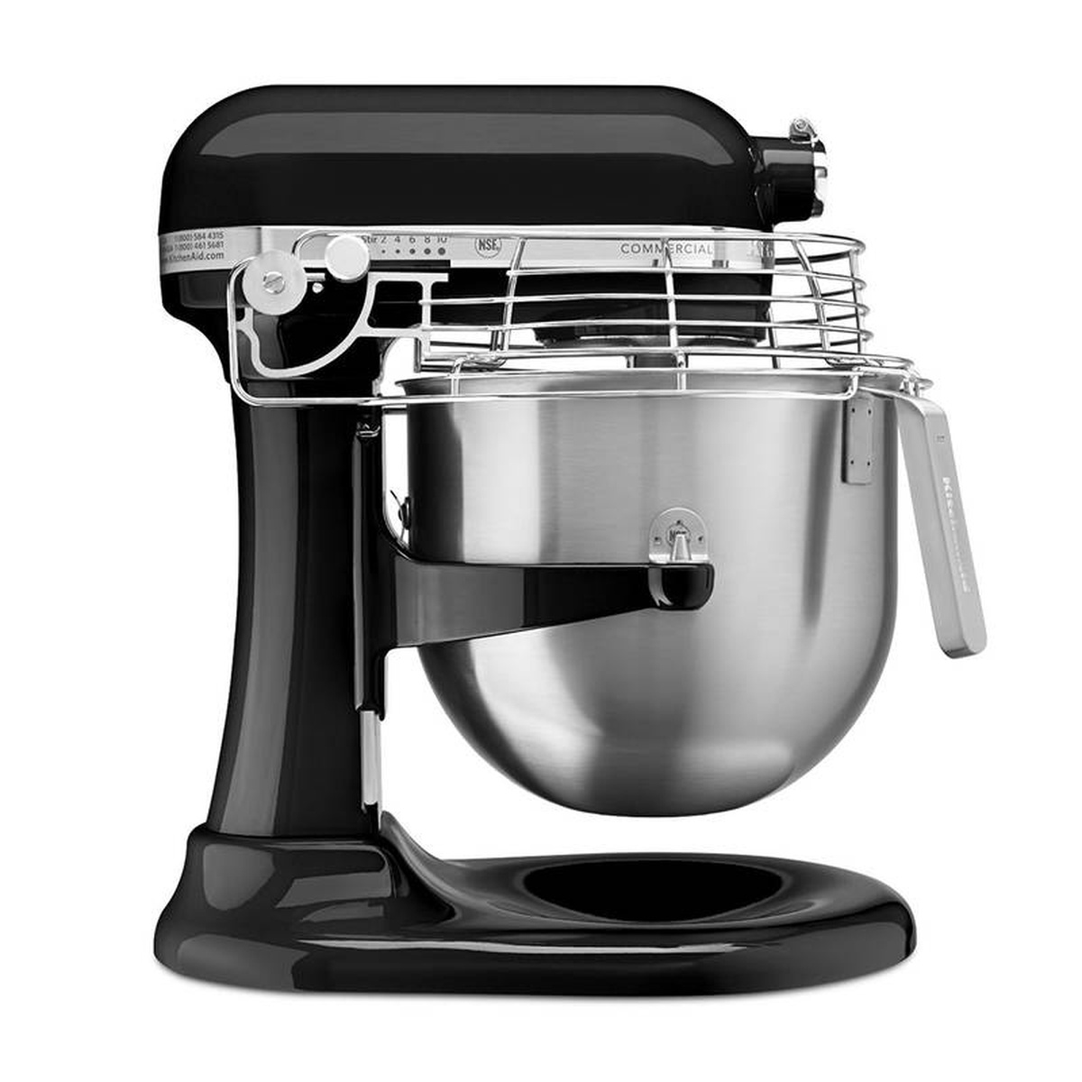 KitchenAid Commercial KSMC895OB bowl-lift stand mixer with stainless steel bowl guard, side view