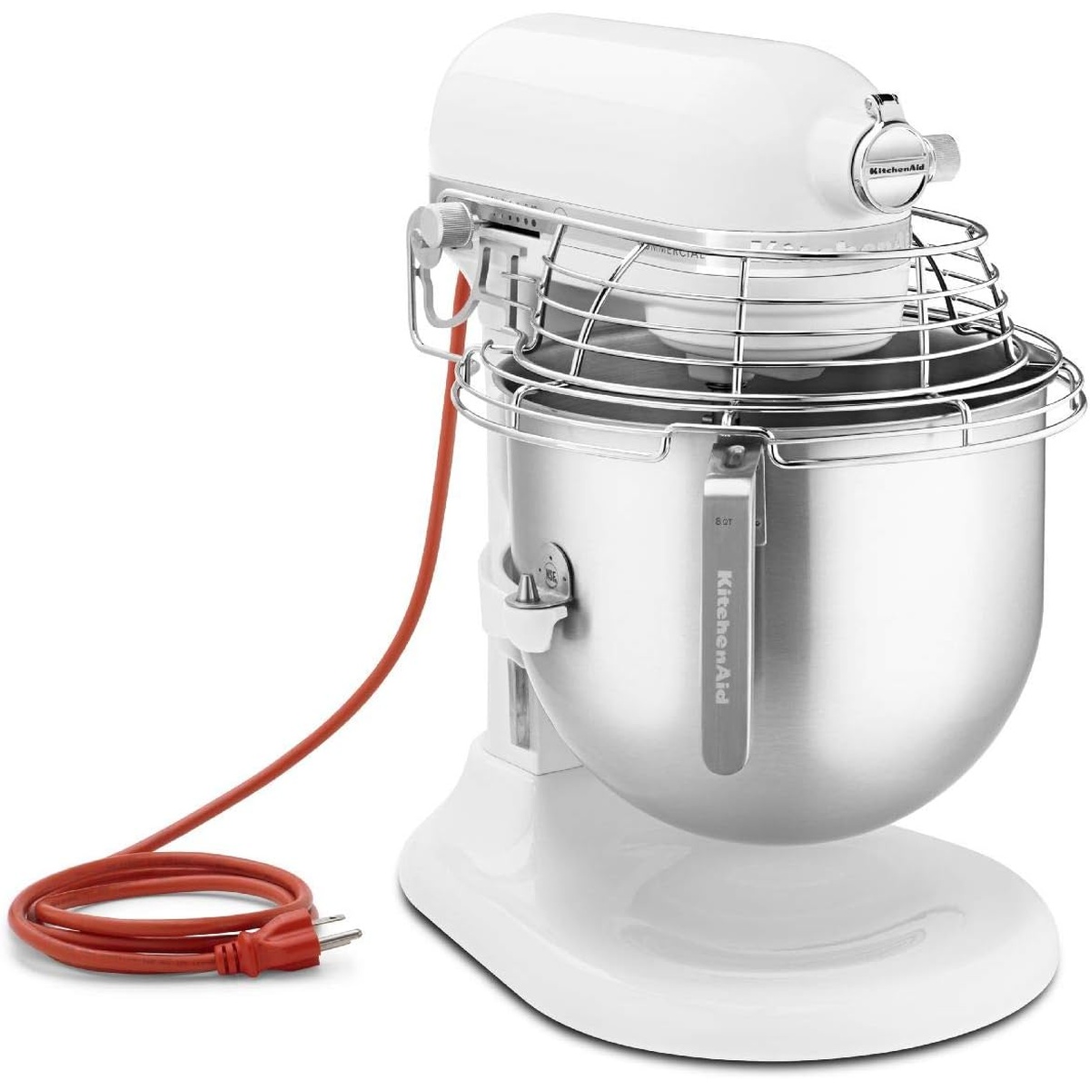White KitchenAid Commercial 8 quart bowl-lift stand mixer with stainless steel bowl and bowl guard