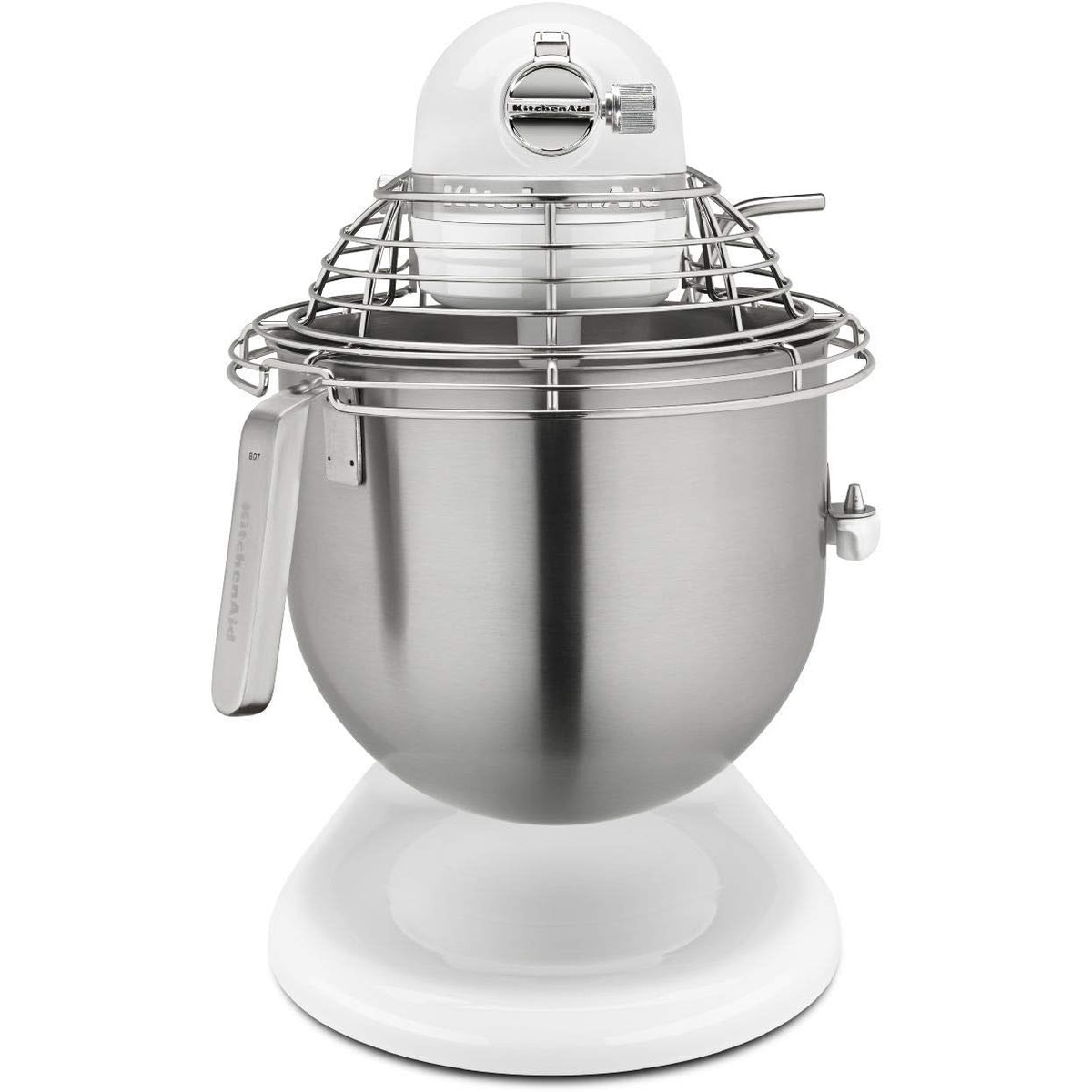 Front view of the KitchenAid Commercial mixer with stainless steel bowl and bowl guard