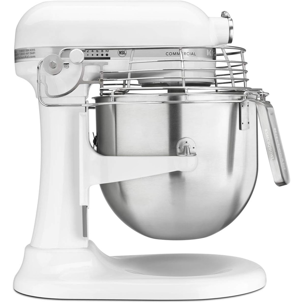 Side view of the KitchenAid Commercial 8 quart bowl-lift mixer highlighting the 10-speed control and bowl guard