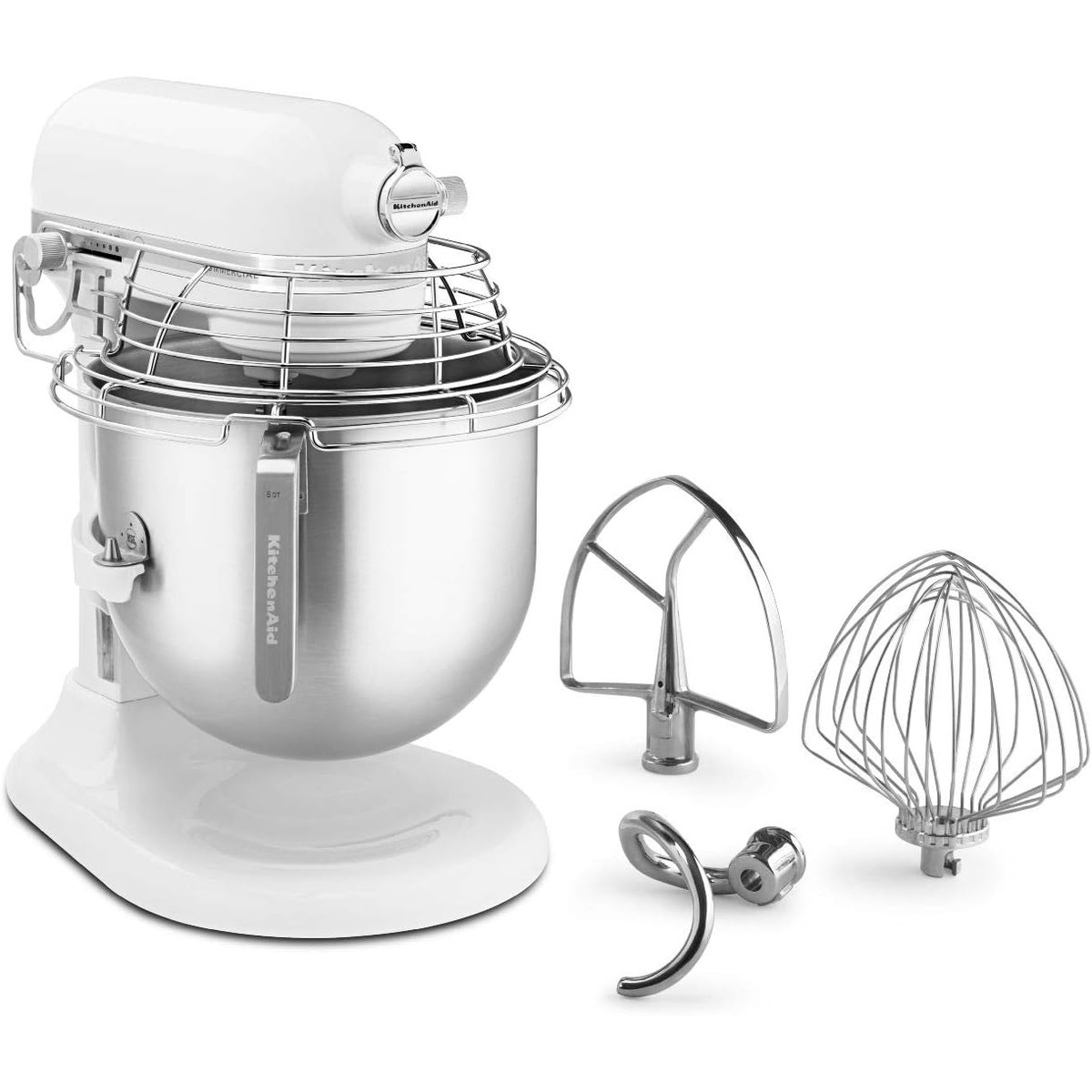 KitchenAid Commercial mixer shown with stainless steel spiral dough hook, flat beater, and wire whip