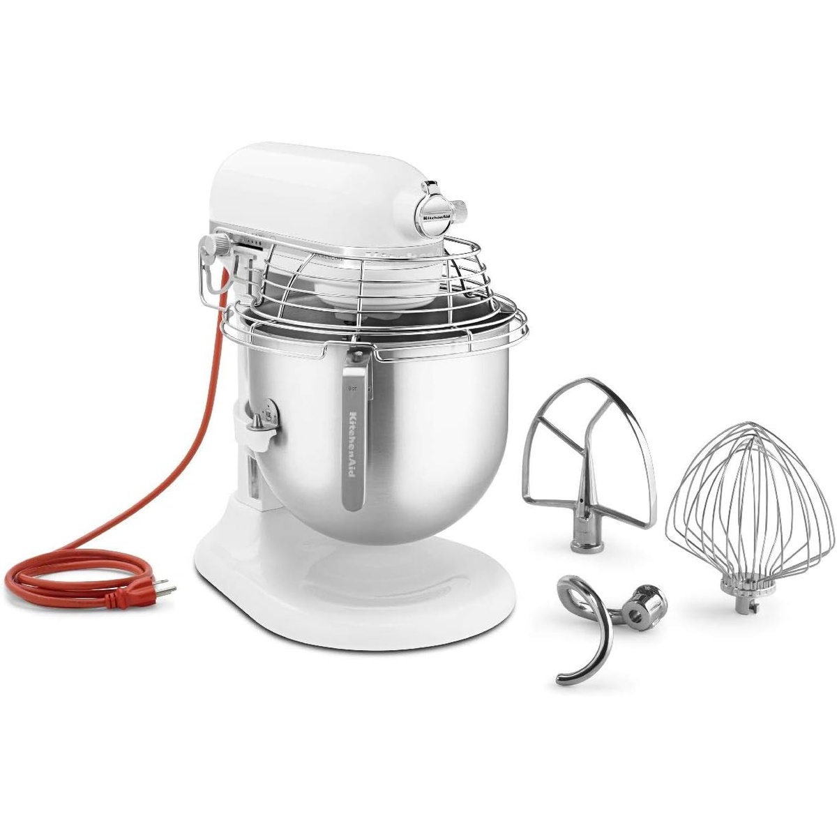 KitchenAid Commercial mixer shown with bowl guard and included attachments next to the mixer