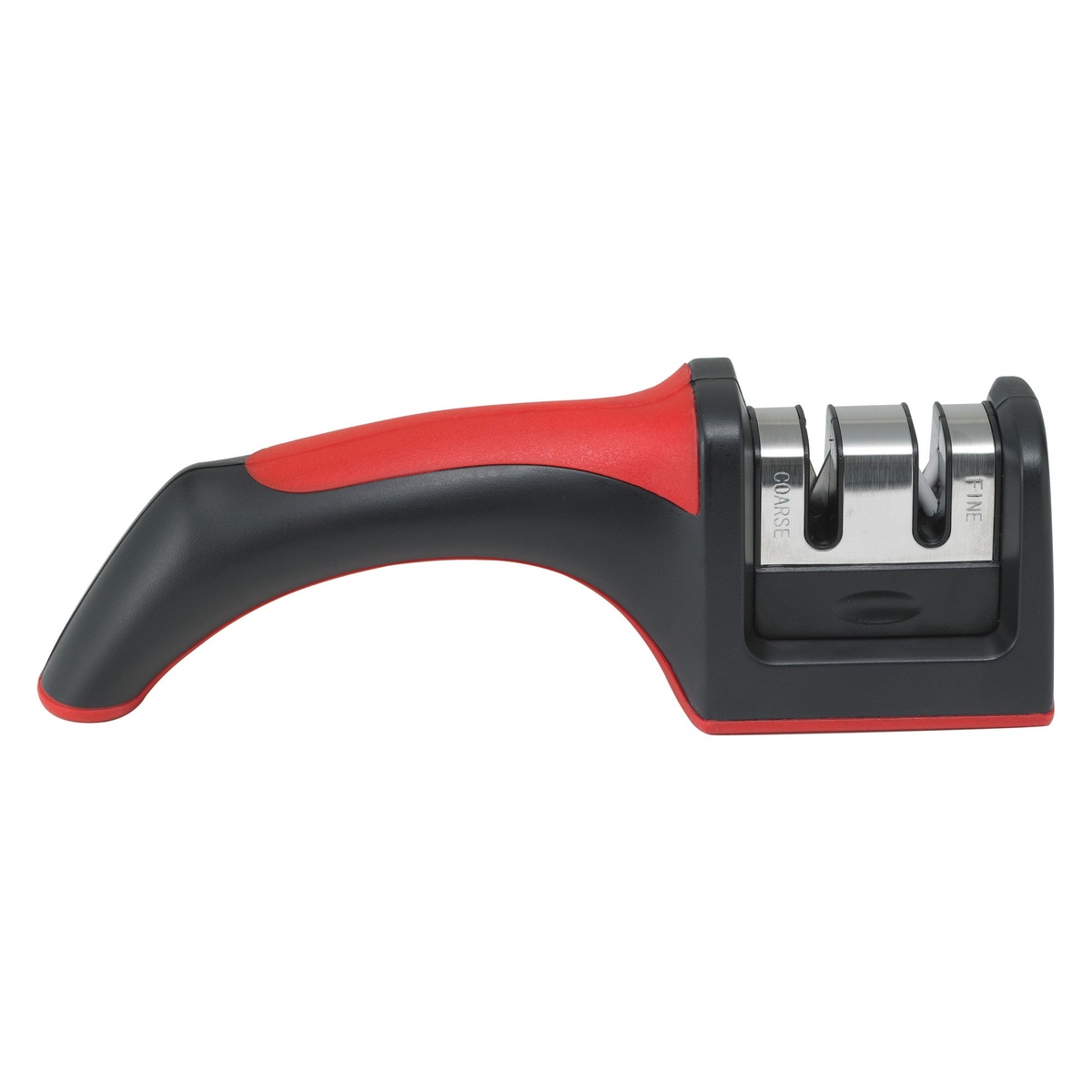 Winco KSP-2 dual-stage manual knife sharpener with red and black ergonomic handle, showing labeled coarse and fine sharpening slots