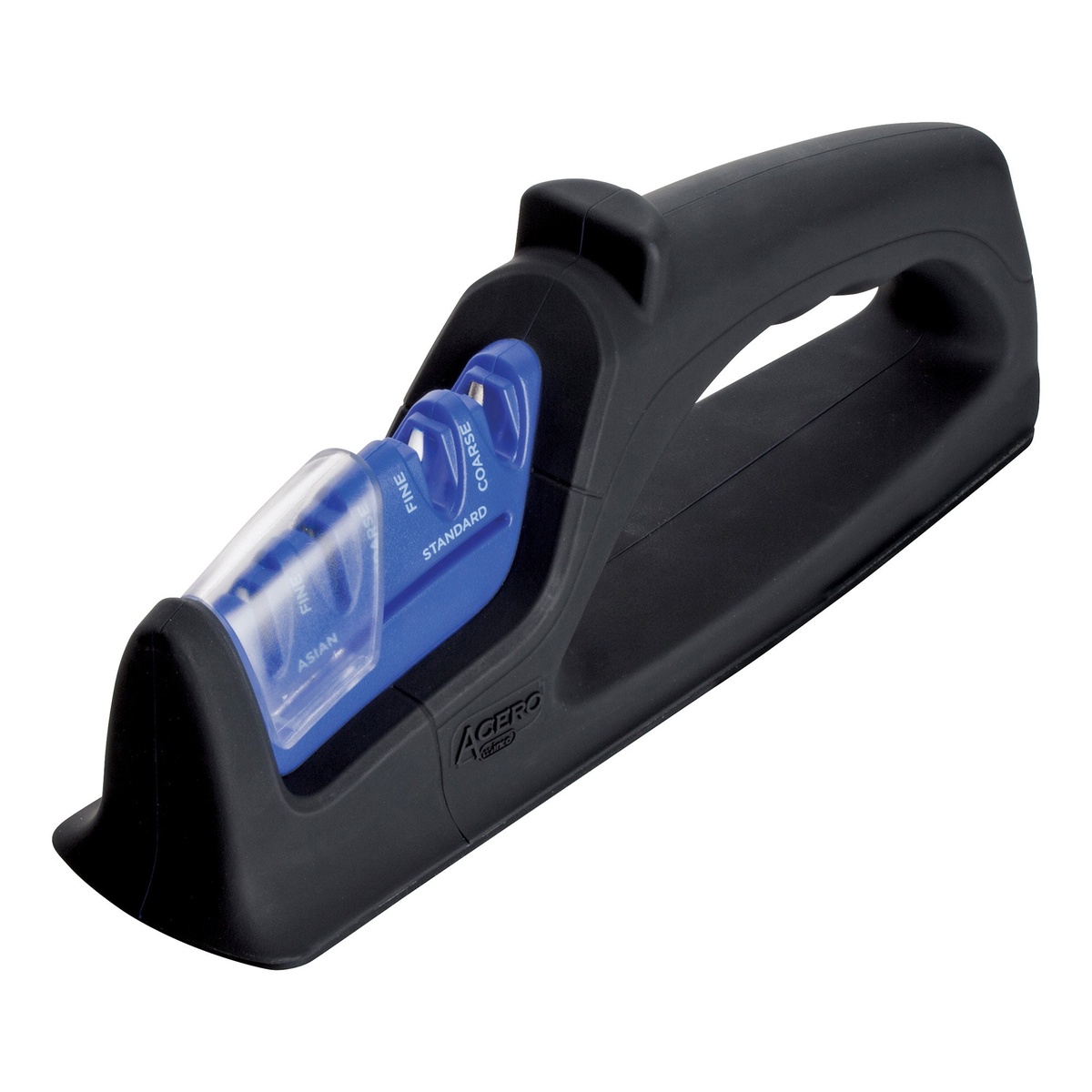 Winco KSP-4 knife sharpener angled view highlighting the ergonomic loop handle and oversized non-slip base