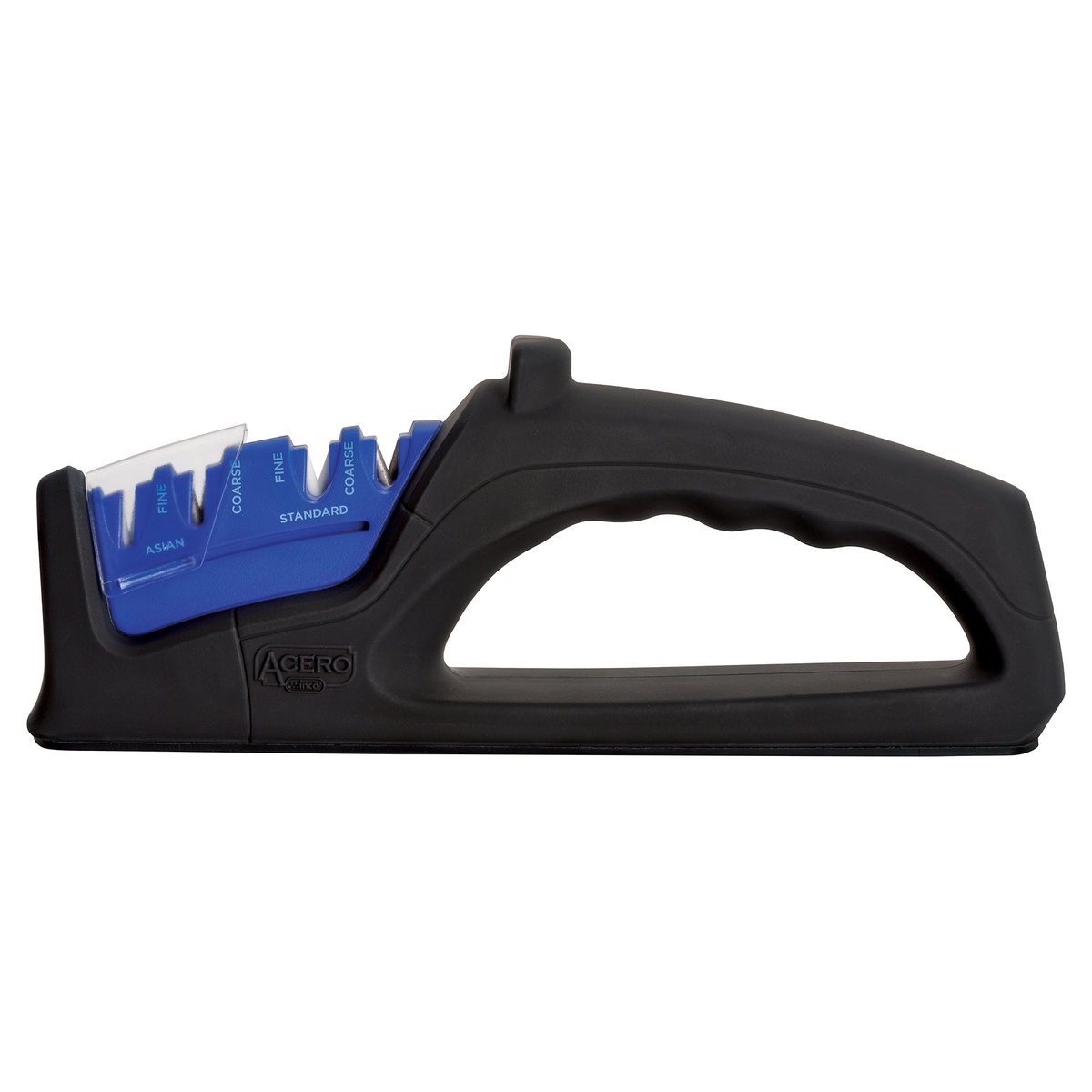 Winco KSP-4 four-stage knife sharpener side profile showing labeled Asian fine, standard coarse, standard fine, and standard coarse sharpening slots