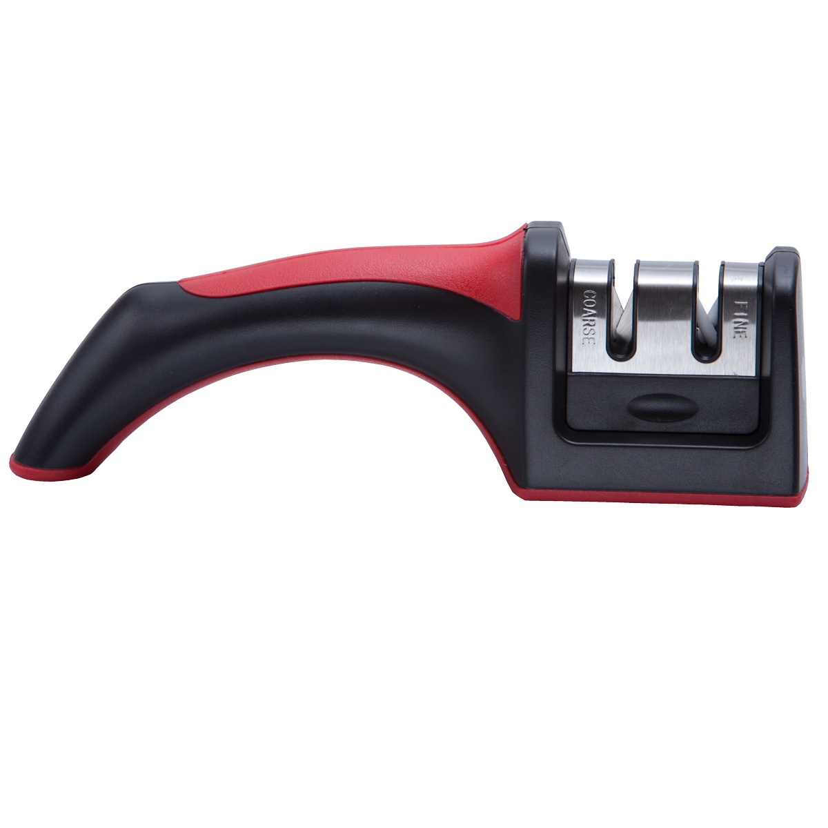Libertyware KSS flat surface handheld knife sharpener with red and black soft-grip handle, showing labeled coarse and fine sharpening slots