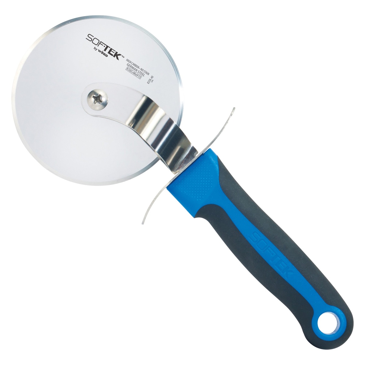 Winco KSTK-40 Sof-Tek pizza cutter angled view showing 4-inch stainless steel blade and blue black soft-grip handle