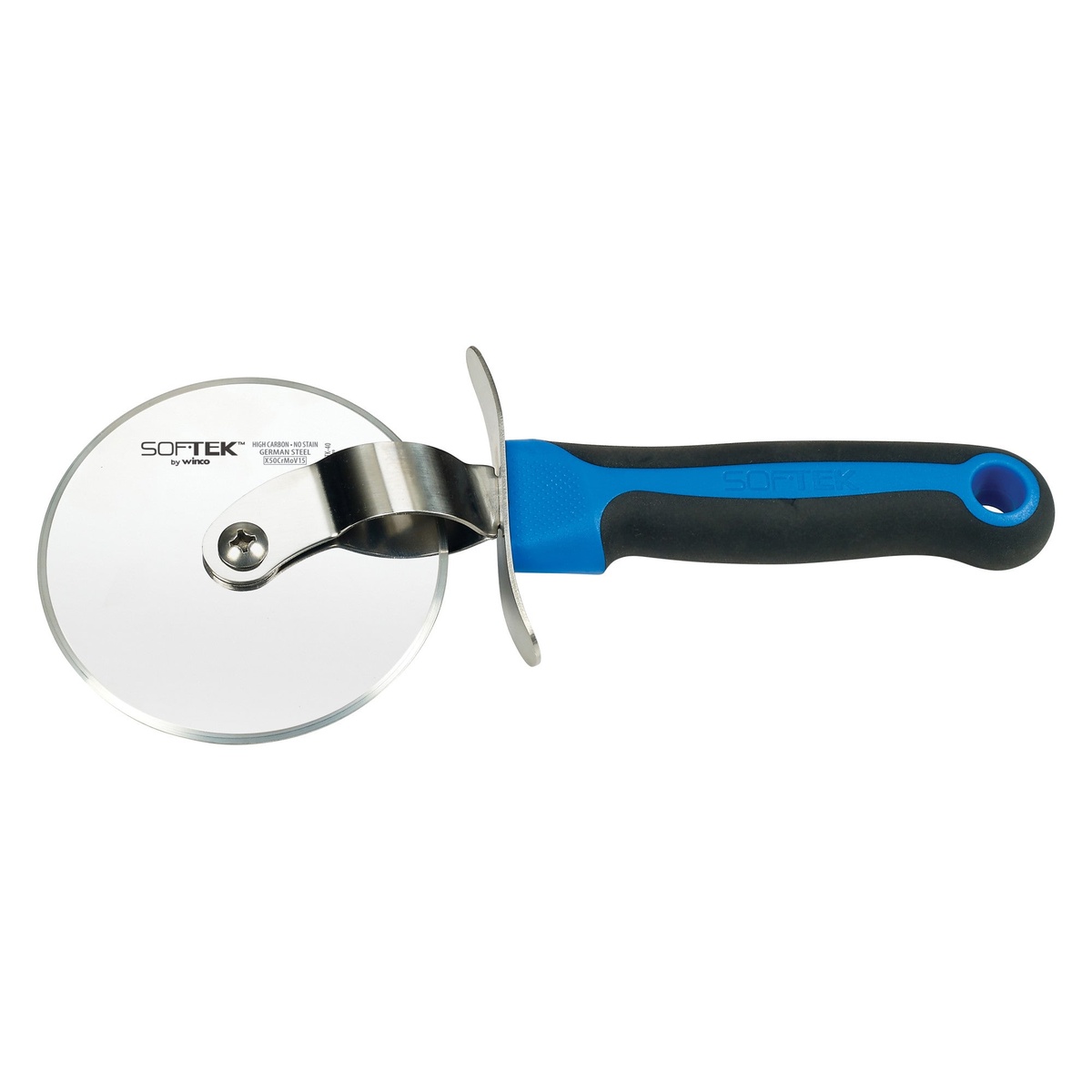 Winco KSTK-40 Sof-Tek pizza cutter side profile showing blue black two-tone soft-grip handle and finger guard