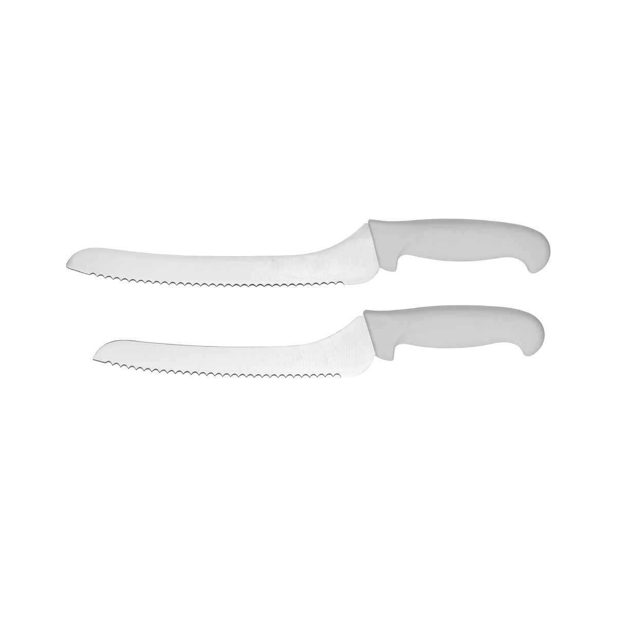 Cresco Resco 9-inch offset bread knife with serrated blade and white handle, shown from two angles