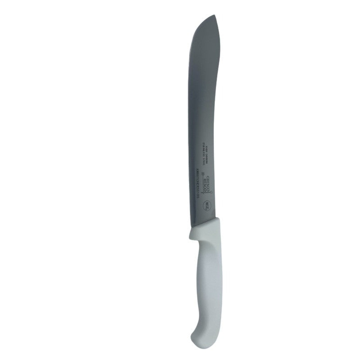 Cresco Resco 10-inch curved butcher knife with white handle and stainless steel blade