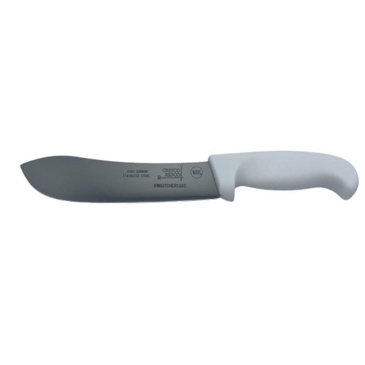 Cresco Resco 8-inch curved butcher knife with white handle and high carbon stainless steel blade