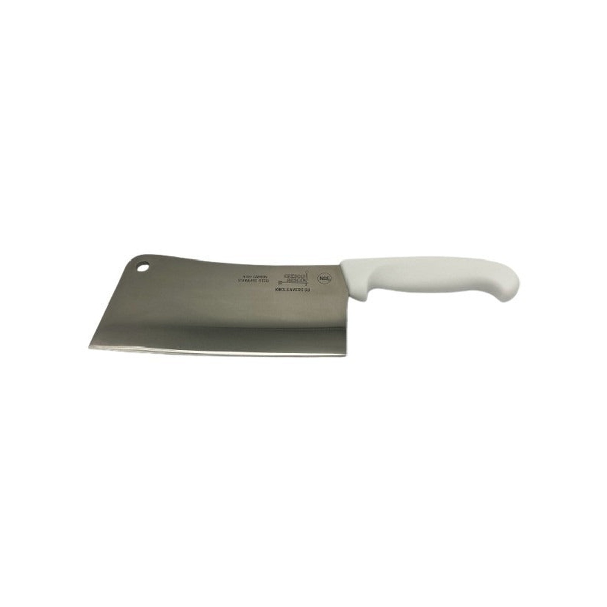 Cresco Resco 8-inch cleaver with wide stainless steel blade and white poly handle on white background