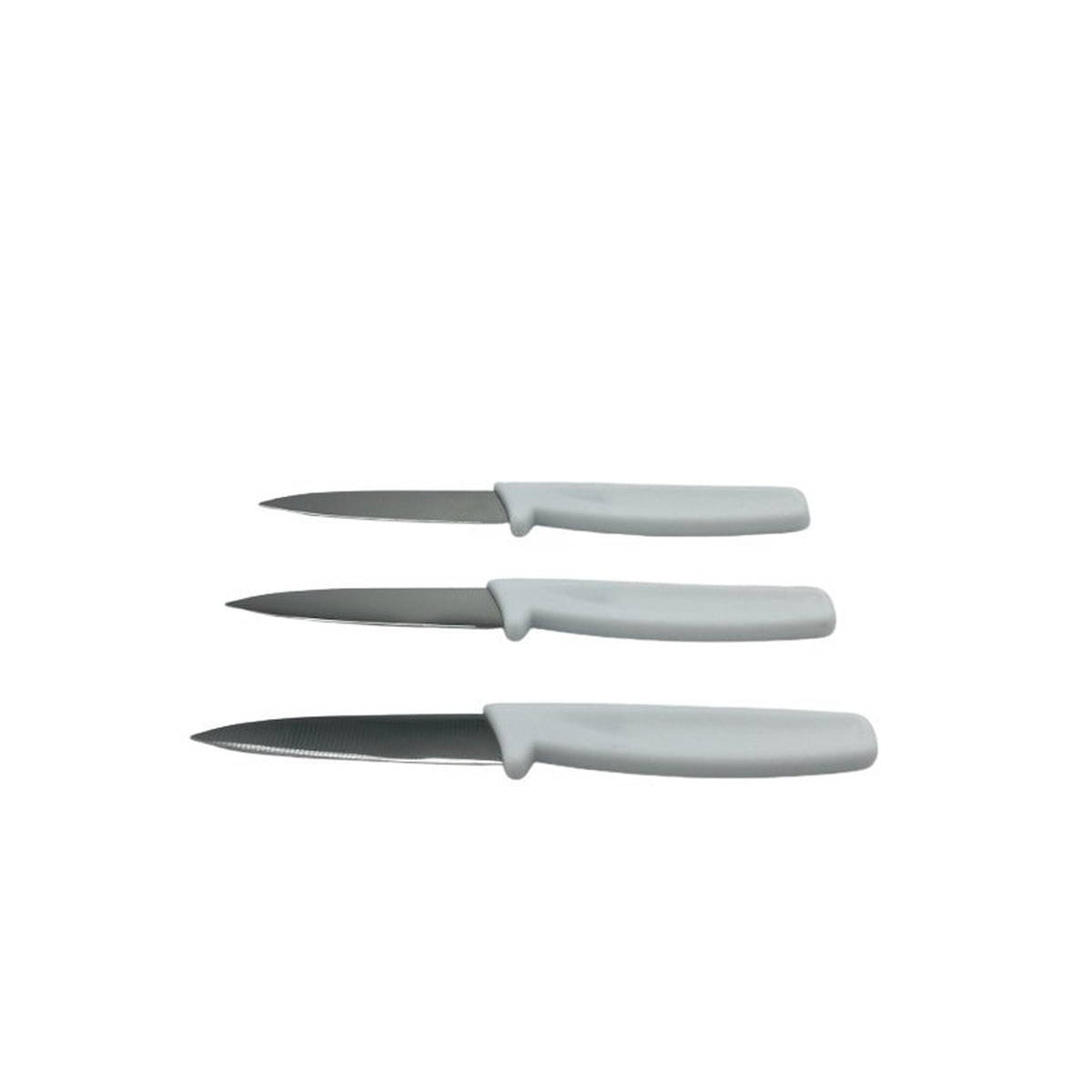 Three Cresco Resco 3.25-inch paring knives with white handles and stainless steel blades