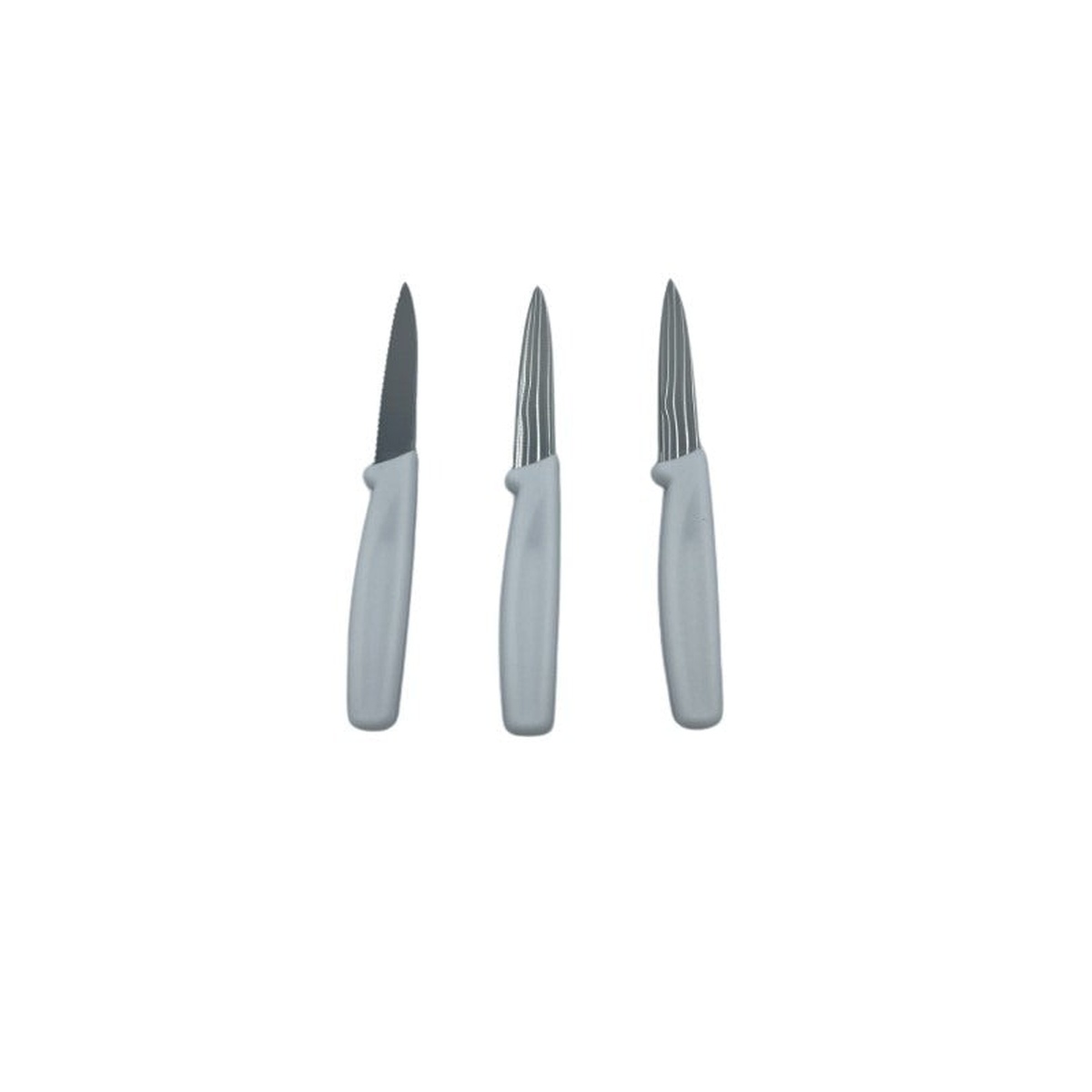 Cresco Resco 3.25-inch paring knife variety 3-pack with white handles showing serrated, wavy, and straight blade styles