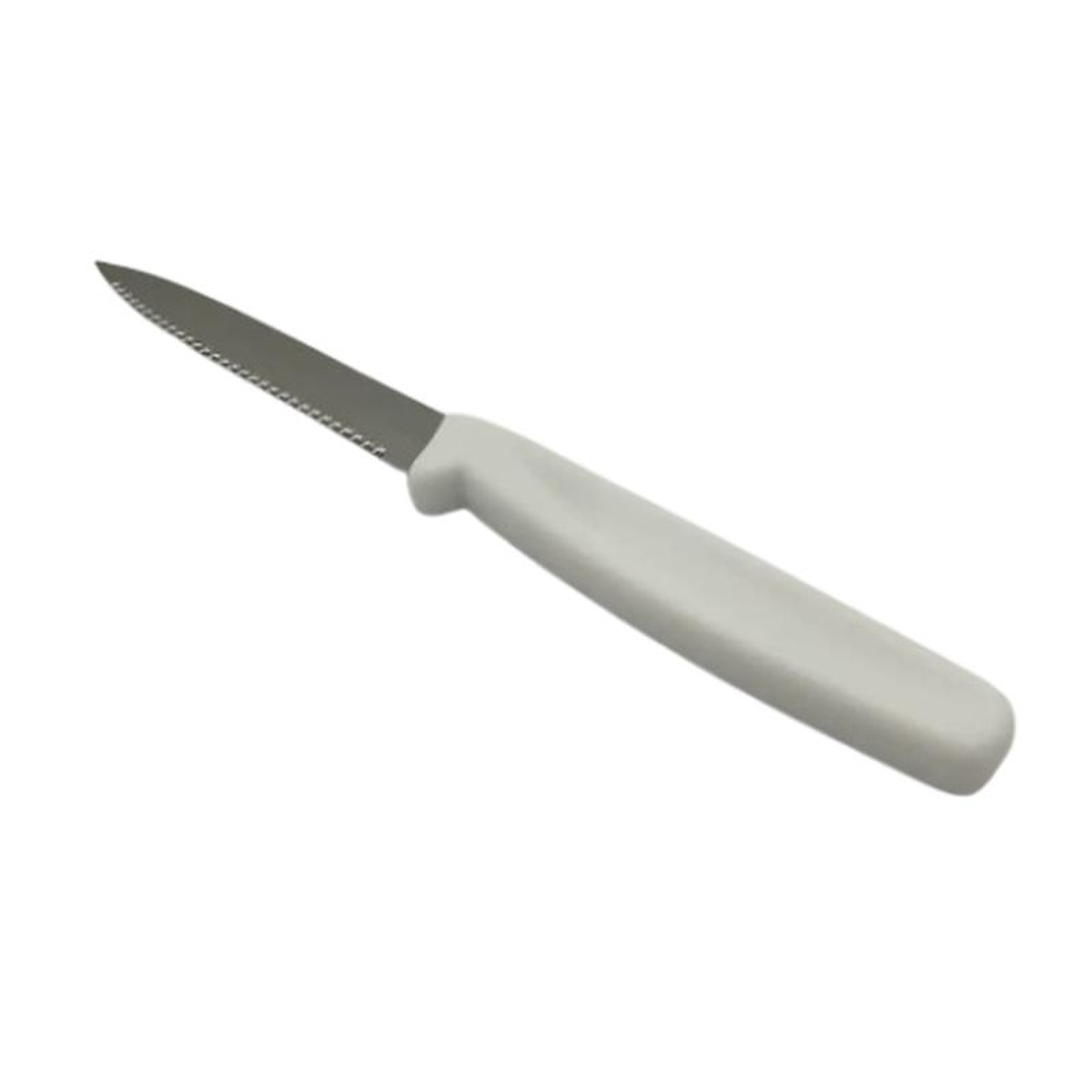 Cresco Resco 4-inch serrated paring knife with white handle and stainless steel blade