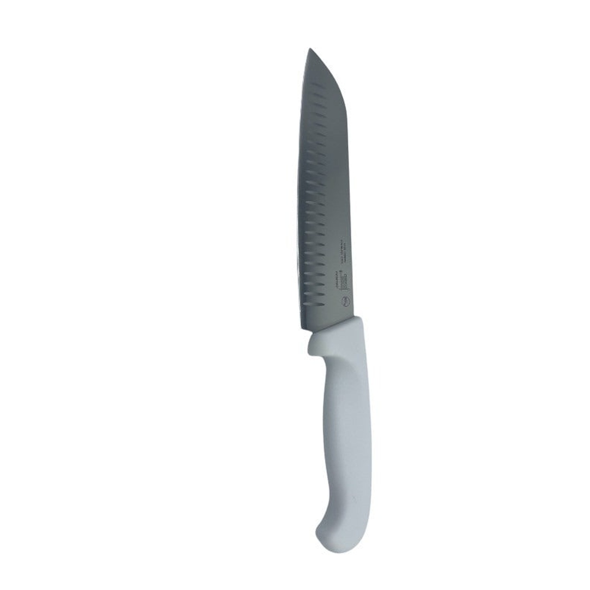 Cresco Resco 7-inch Santoku knife with granton edge stainless steel blade and white handle