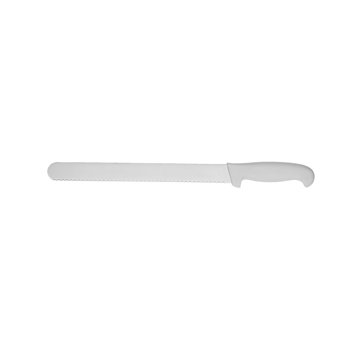 Cresco Resco 10-inch serrated slicing knife with white handle, full blade view on white background