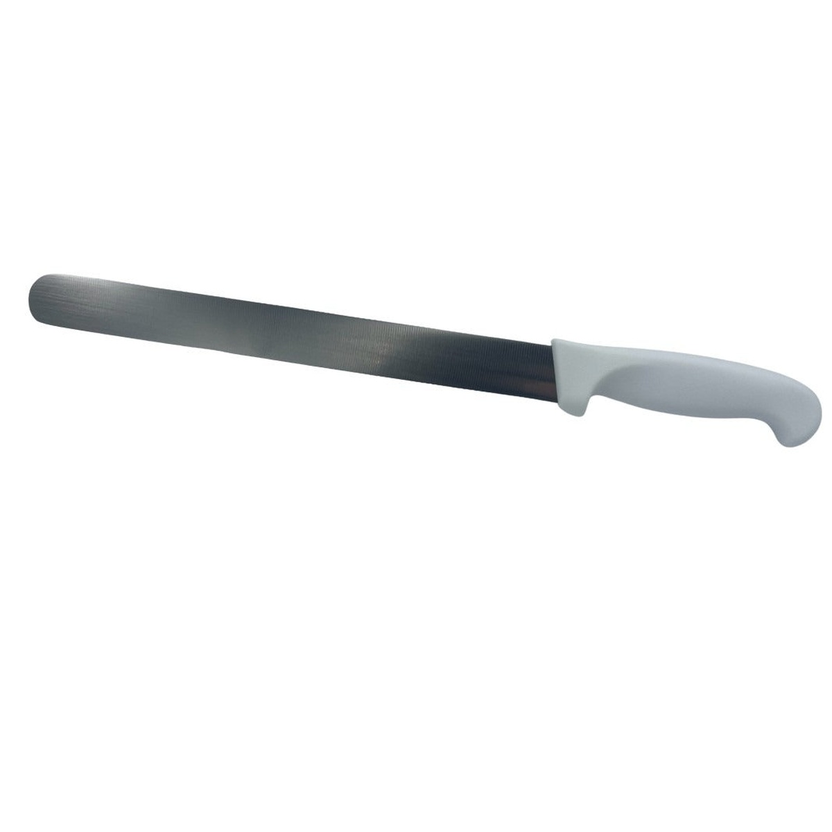 Cresco Resco 12-inch slicing knife horizontal close-up view of stainless steel blade with white handle