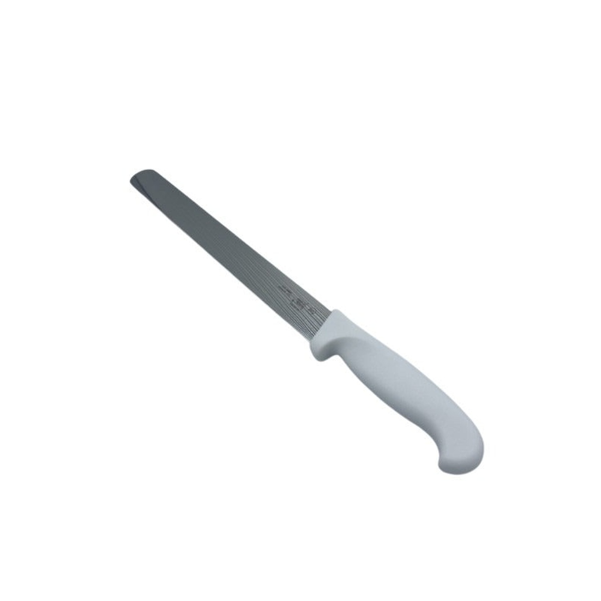 Cresco Resco 12-inch slicing knife angled view showing blade detail and white ergonomic handle