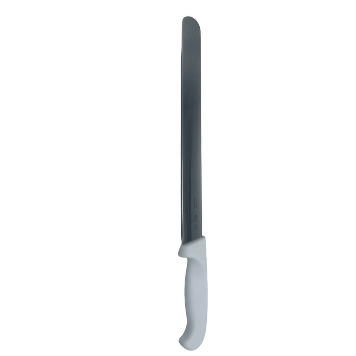 Cresco Resco 12-inch slicing knife full length view with white handle, vertical orientation