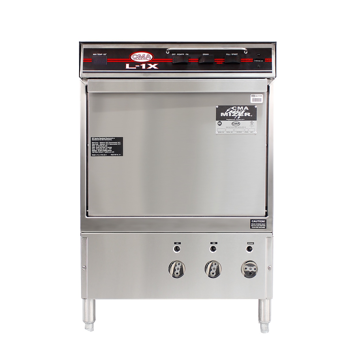 Front view of CMA Dishmachines L-1X undercounter low temperature dishwasher