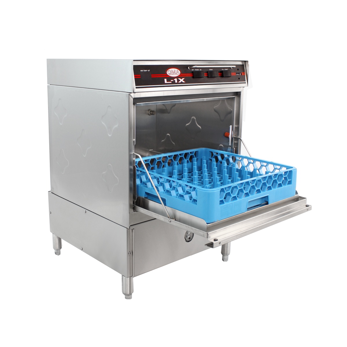 CMA Dishmachines L-1X undercounter dishwasher with door open and rack loaded