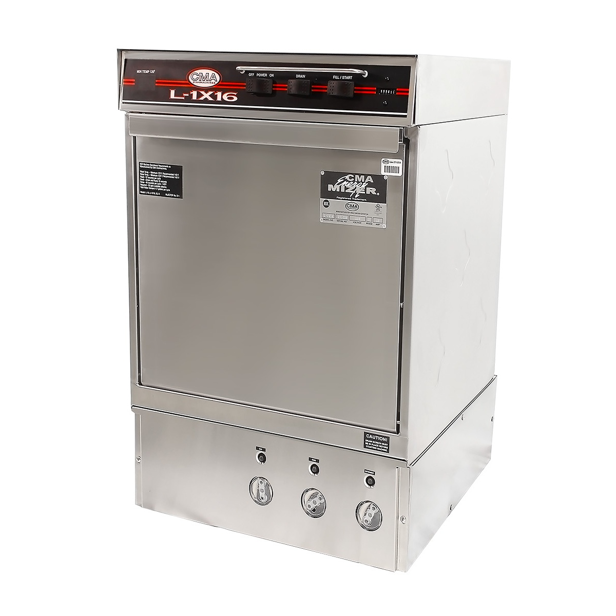 Angled exterior view of CMA L-1X16 with heater undercounter dishwasher