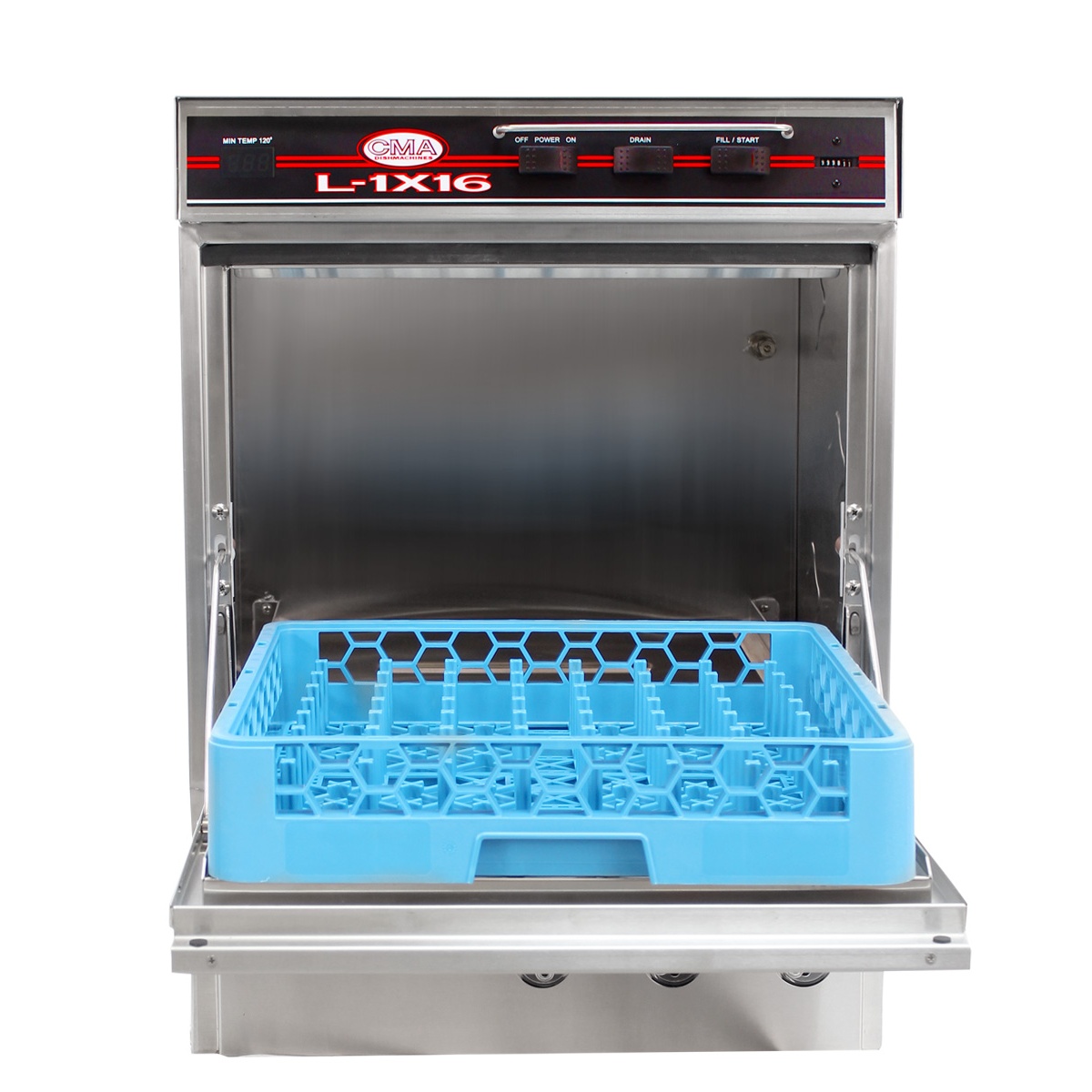 Front view of CMA L-1X16 undercounter dishwasher with door open and dish rack inside