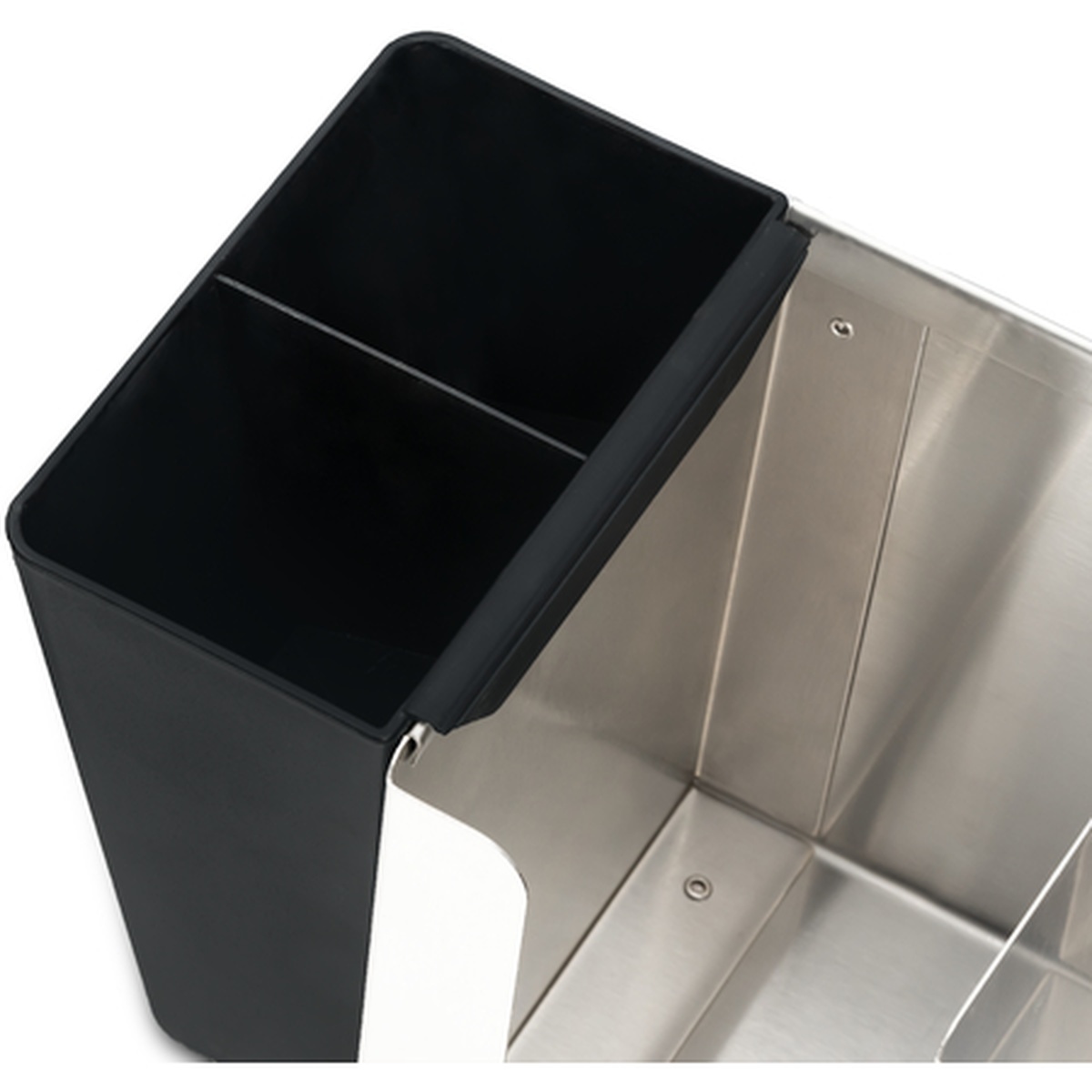 Carlisle L1014 stainless steel adjustable lid organizer with attached black plastic straw caddy showing three-compartment interior