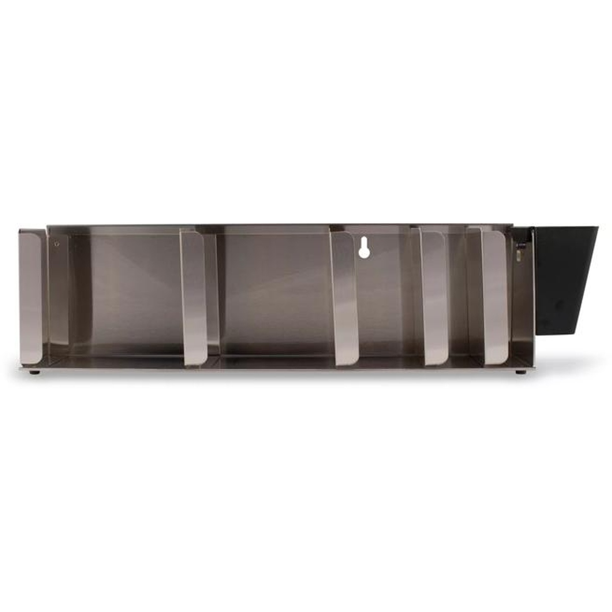 Front-facing view of the San Jamar L1022 lid organizer showing four visible divider slots and rubber anti-slip feet