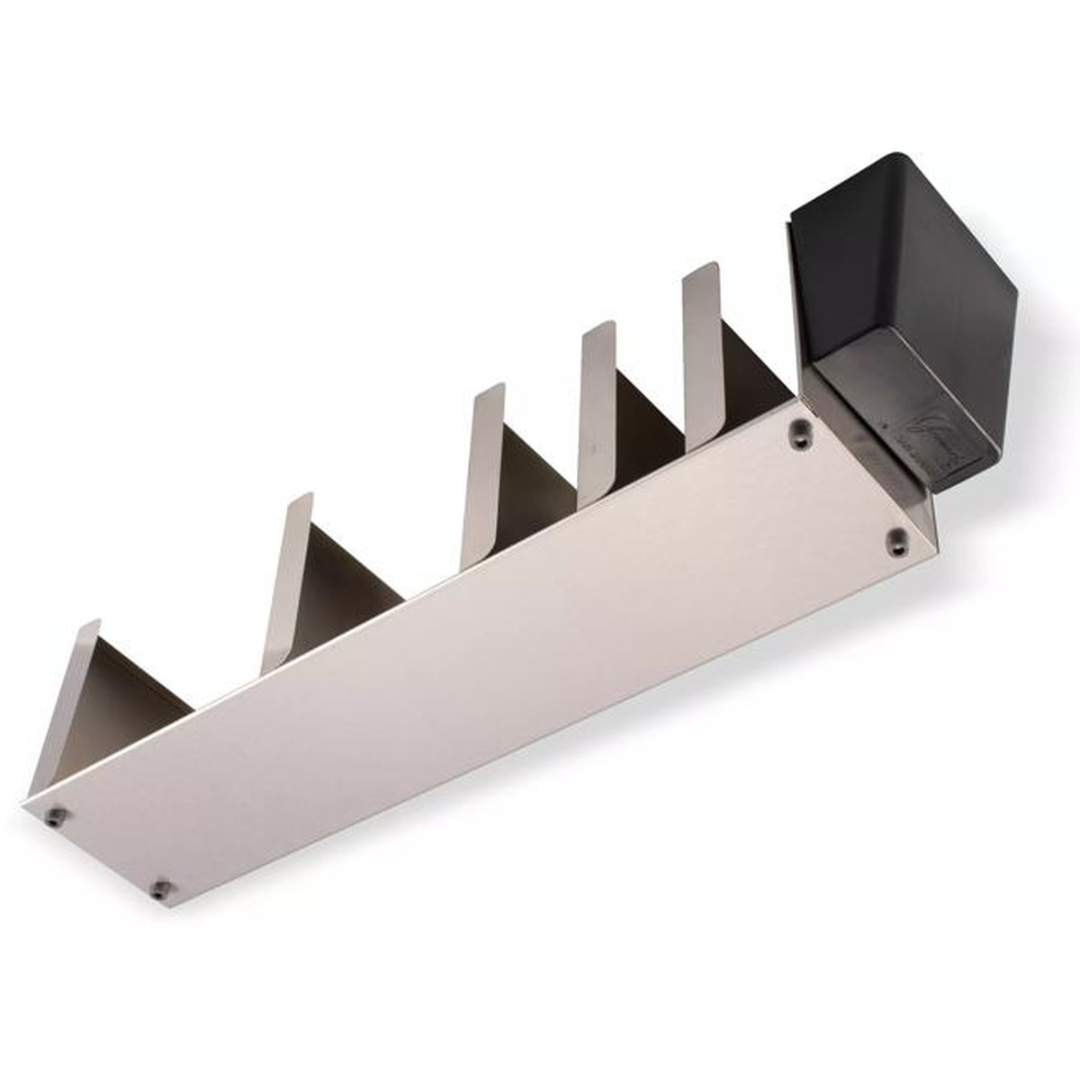 San Jamar L1022 5-stack adjustable lid organizer with attached black straw caddy, angled overhead view