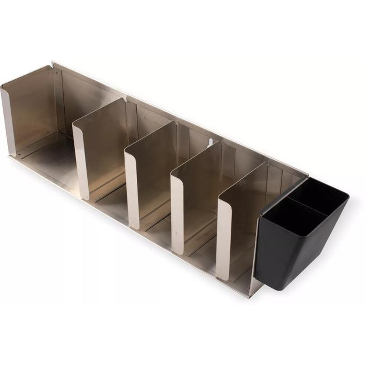 Elevated perspective of the full San Jamar L1022 five-stack lid organizer with black straw caddy on the right end
