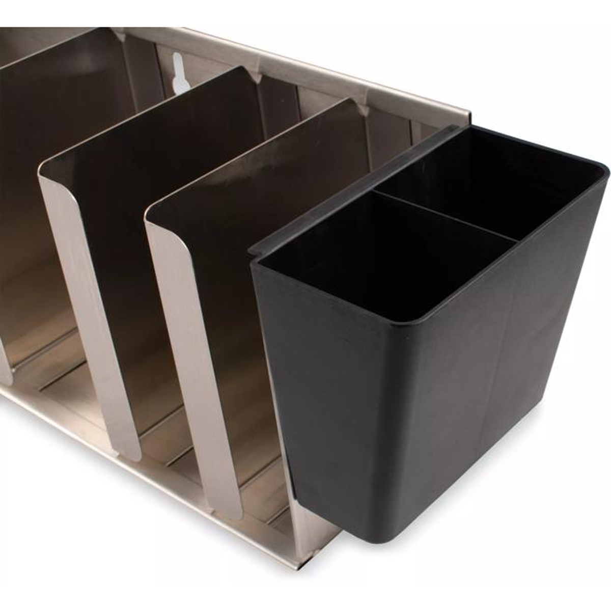 Close-up of black plastic two-compartment straw caddy attached to the end of the stainless steel lid organizer