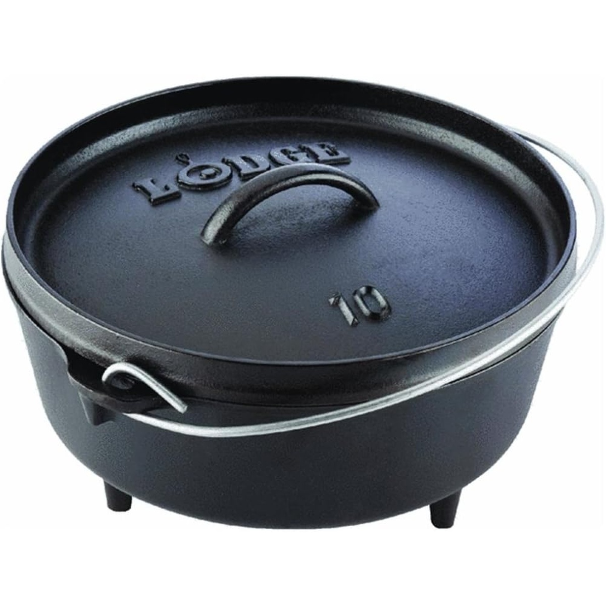 Lodge L10CO3 4-Quart Cast Iron Camp Dutch Oven with flanged lid, bail handle, and three legs