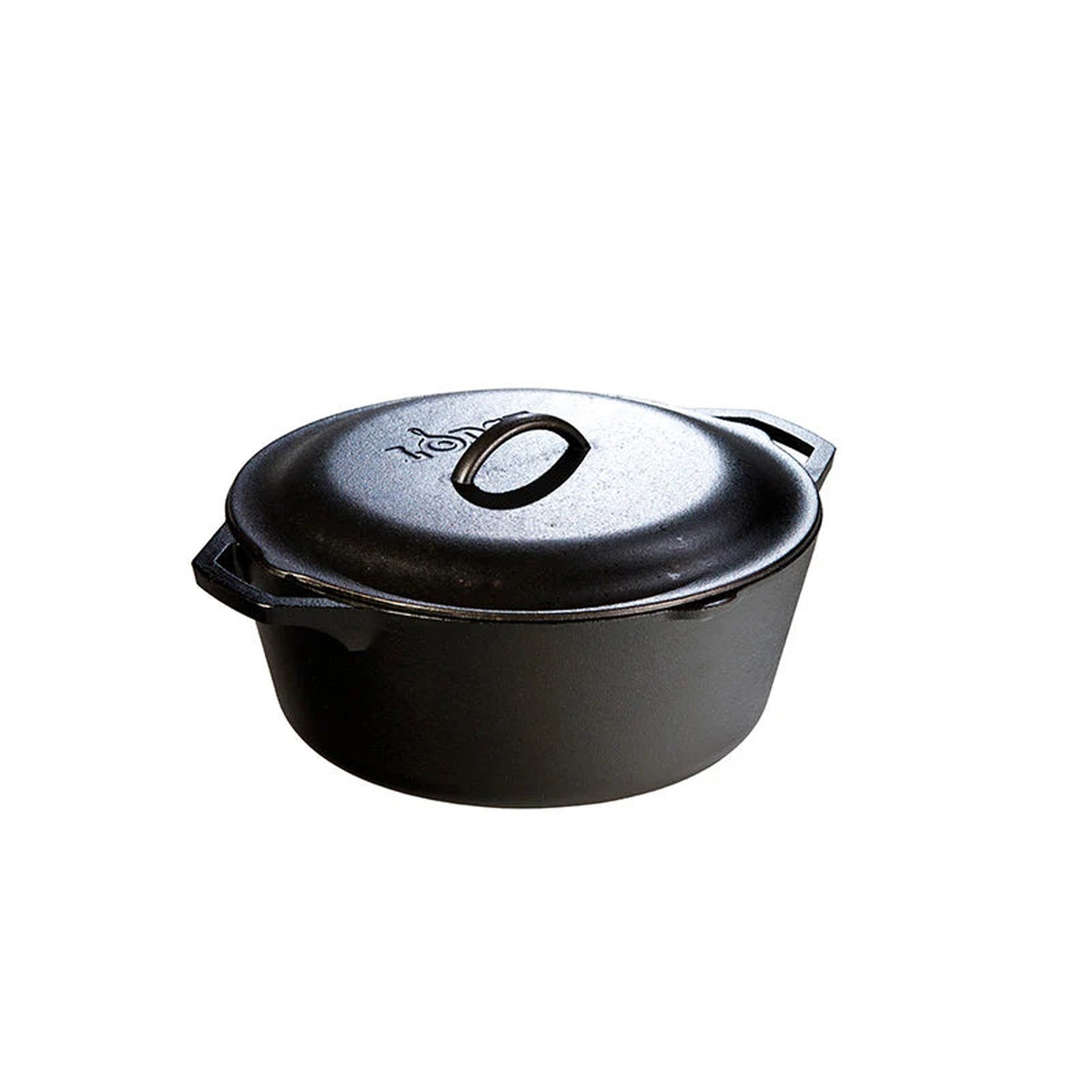 Lodge L10DOL3 7-quart cast iron Dutch oven with lid, three-quarter view on white background