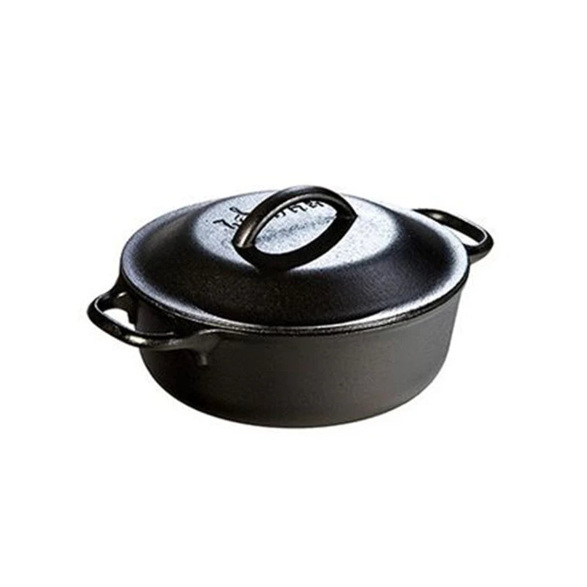 Lodge cast iron Dutch oven with domed lid and dual loop handles, front angle view on white background