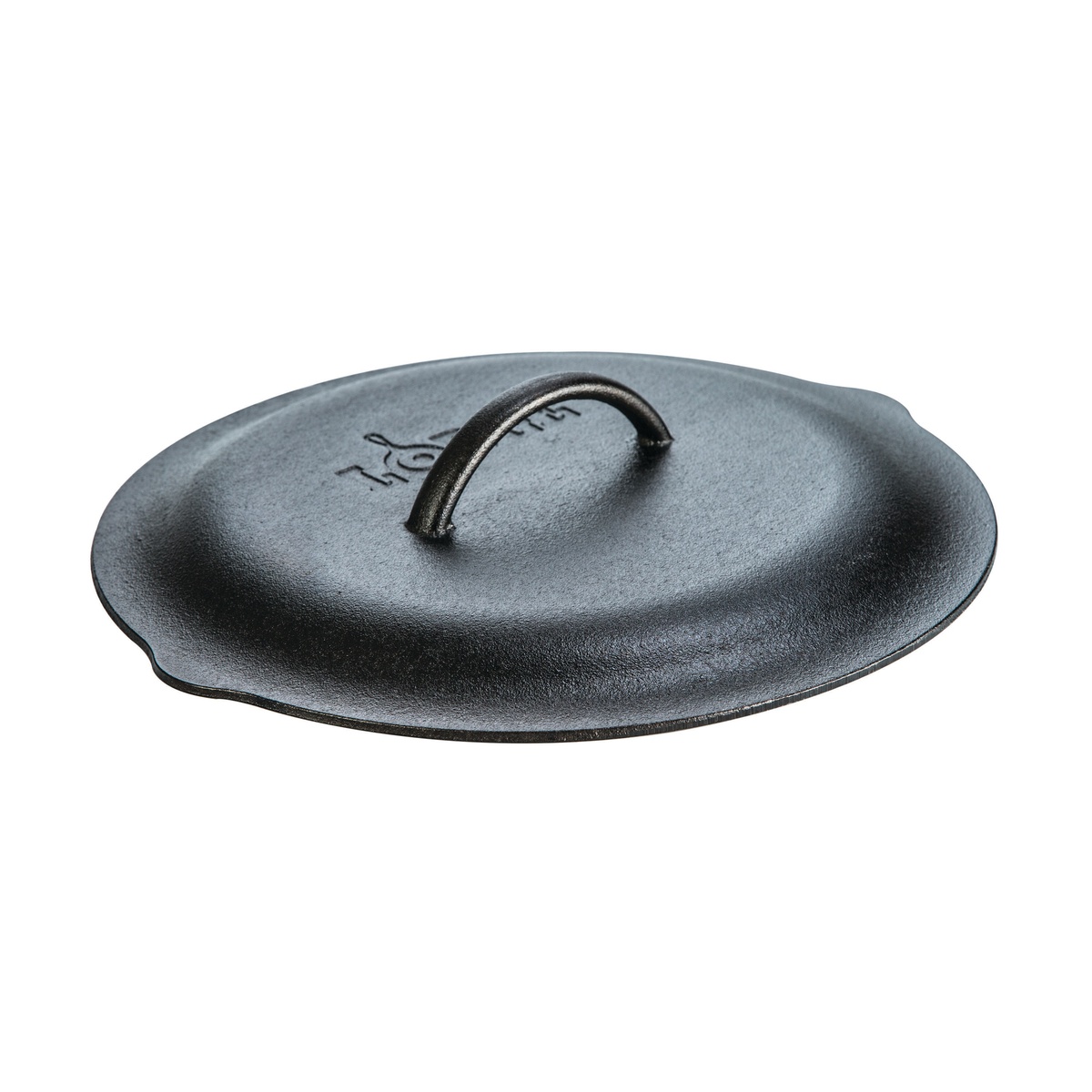 Lodge L10SC3 12-inch pre-seasoned cast iron self-basting lid with loop handle, top view on white background