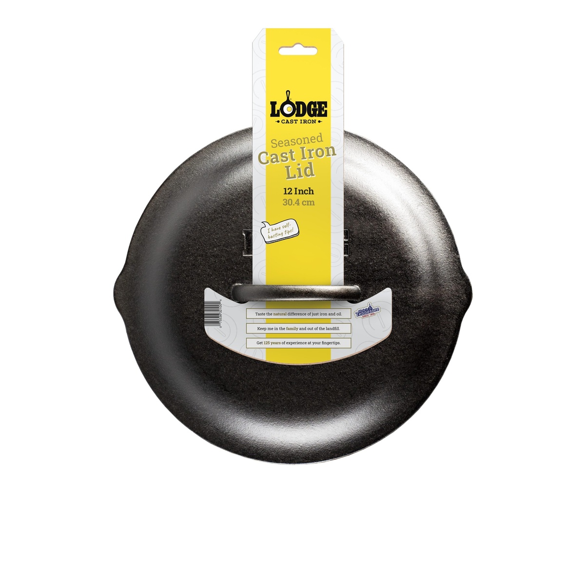 Lodge L10SC3 seasoned cast iron lid shown in original retail packaging with Lodge branding