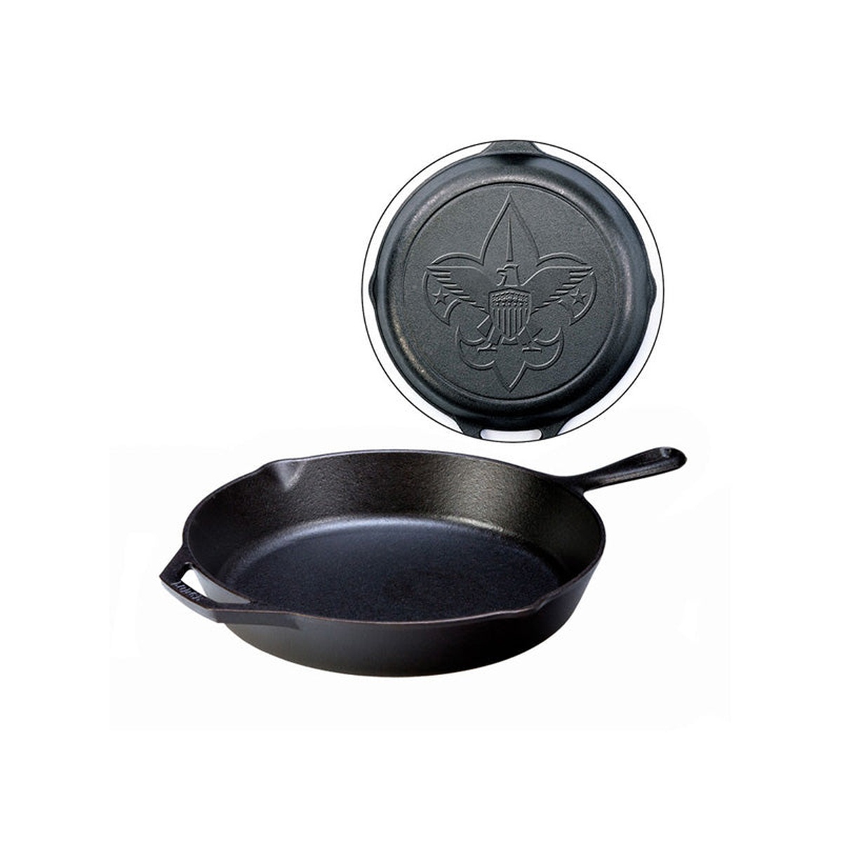 Lodge 12 inch skillet showing the engraved Boy Scout logo on the bottom