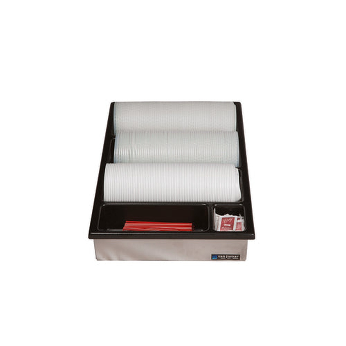 San Jamar L2100 Wide 4-Row Lid Organizer with stainless steel body holding three rows of lids and one row of straws and condiment packets